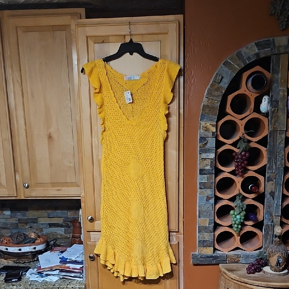 Free People Bright Yellow Knit Ruffle-Trim Mini Dress